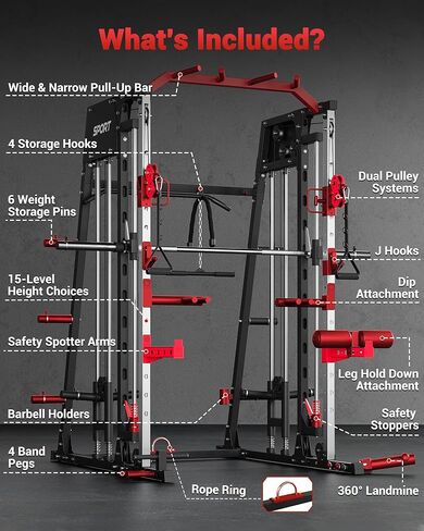 GarveeLife Smith Machine Home Gym الكل في واحد، قفص طاقة برف القرفصاء بوزن 2200 رطل مع شريط سميث، وسحب LAT للأسفل، وأنظمة الكابلات، وتثبيت الساق والمزيد من الملحقات، ومعدات التمرين (أحمر أسود) in Saudi Arabia