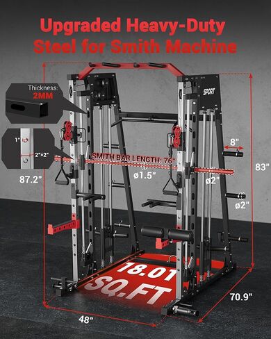 GarveeLife Smith Machine Home Gym الكل في واحد، قفص طاقة برف القرفصاء بوزن 2200 رطل مع شريط سميث، وسحب LAT للأسفل، وأنظمة الكابلات، وتثبيت الساق والمزيد من الملحقات، ومعدات التمرين (أحمر أسود) in Saudi Arabia