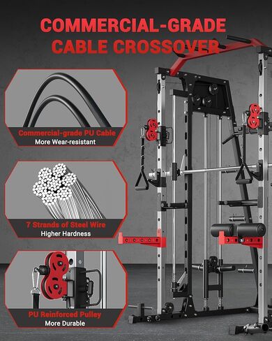 GarveeLife Smith Machine Home Gym الكل في واحد، قفص طاقة برف القرفصاء بوزن 2200 رطل مع شريط سميث، وسحب LAT للأسفل، وأنظمة الكابلات، وتثبيت الساق والمزيد من الملحقات، ومعدات التمرين (أحمر أسود) in Saudi Arabia