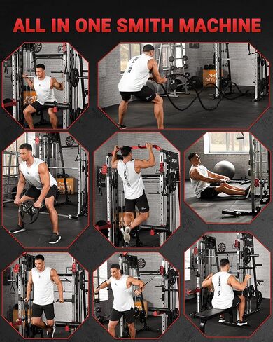 GarveeLife Smith Machine Home Gym الكل في واحد، قفص طاقة برف القرفصاء بوزن 2200 رطل مع شريط سميث، وسحب LAT للأسفل، وأنظمة الكابلات، وتثبيت الساق والمزيد من الملحقات، ومعدات التمرين (أحمر أسود) in Saudi Arabia