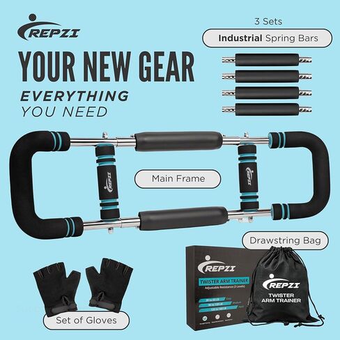 Premium Twister Arm Trainer by REPZI for Chest Workout Equipment 30 to 160 lb, Adjustable 3 Resistance Levels Arm Trainer for Men & Women, Home Gym Upper Body Workout Equipment with Gloves & Carry Bag in Saudi Arabia