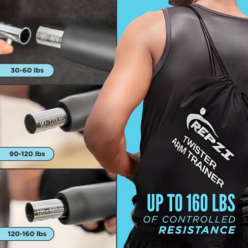 Premium Twister Arm Trainer by REPZI for Chest Workout Equipment 30 to 160 lb, Adjustable 3 Resistance Levels Arm Trainer for Men & Women, Home Gym Upper Body Workout Equipment with Gloves & Carry Bag in Saudi Arabia