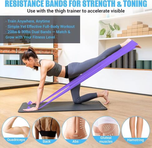 جهاز تمرين الفخذ الداخلي للنساء، مدرب فخذ مقاوم قابل للتعديل بوزن 15-80 رطل مع شريط مقاومة (قطعتين)، معدات كيجل لتمرين الفخذ لعضلات قاع الحوض، وتشكيل الجسم، واليوجا واللياقة المنزلية in Kuwait