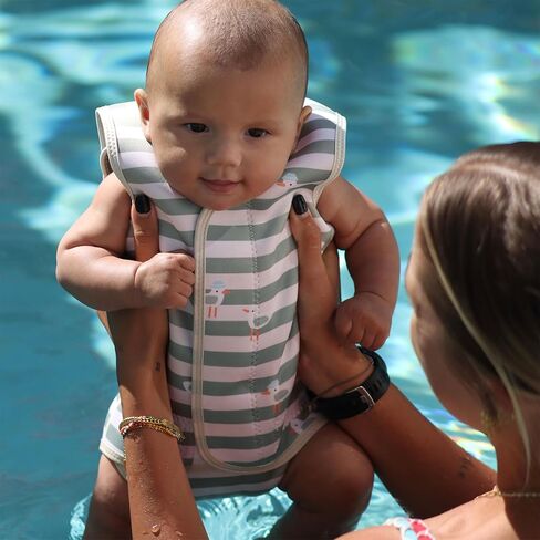 SUNNYLiFE Baby Wetsuit, Sammy The Seagull Green Stripe, Polyester and Natural Rubber, 2mm Thickness, 6-18 Months, Swimming in Saudi Arabia