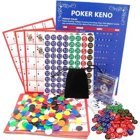 Professional Poker Keno Game Set for 12 Players - Jumbo Casino Night Kit with 12 Double-Sided Boards, 250+ Chips, 1 Deck of Waterproof Plastic Cards - Family Poker Bingo Keno Game for Adults & Groups in Saudi Arabia