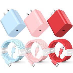 3pack 10ft cable ightning ، 20W شحن سريع فون ، سلك شاحن الهاتف كابل كابل للهاتف 14/13/12/12 PRO MAX/11/XS MAX/XR/X ، AirPods Pro-pink/Green/Black in Kuwait