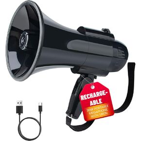 مكبر صوت مكبر صوت بولهورن أسود قابل لإعادة الشحن بقدرة 30 وات، صفارة إنذار وتسجيل 240 ثانية، مكبر صوت محمول مع حزام وشحن من النوع C (أسود) in Kuwait