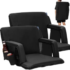 طقم من قطعتين من مقاعد الملعب مقاس 20 بوصة، كرسي تبييض عريض مع دعم خلفي قابل للتعديل ووسادة سميكة، ومساند للذراعين، وجيوب جانبية، وخطاف تبييض، سهل التخزين والحمل، أسود in Kuwait