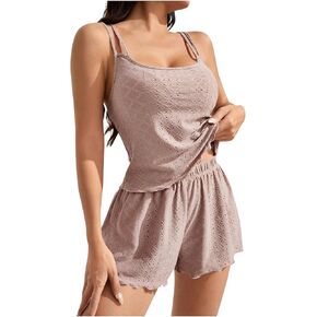 Oplxuo Eyelet Pajama Sets for Women 2 Piece Cami Lingerie Sleepwear Sexy Hollow Camisole & Shorts Pj Set Nightwear in Kuwait