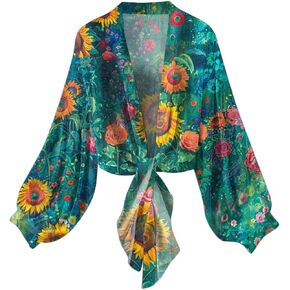 Womens Sheer Cardigan Tie Front Long Sleeve Shirts Cropped Bolero Shrug Summer Tops for Women Chiffon Blouse in Kuwait