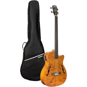 WishMade Acoustic Fretless Bass Guitar Hollow Body With F-Holes 5 String Lightweight Bass Guitar for adults, Flamed Maple Top With Gig Bag（BK FL） in Kuwait