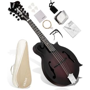 AKLOT F-Style Acoustic Mandolin Instrument: Hand-Carved Classic Scroll Headstock, Mahogany Body and Natural Bone Nut, Deluxe Mandolin Bundle with Padded Bag, Tuner, Capo and Picks (RV-FMT) in Kuwait