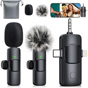 3-in-1 Mini Microphone for iPhone: Wireless Lavalier Microphone with 80ft Range & 15H Battery - Noise Reduction Lapel Mic, Real-Time Monitoring for Video Recording, Vlog, Bright Black in Kuwait