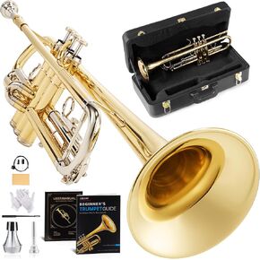 AKLOT Hand-Hammered Bell Bb Trumpet: Smooth Valve Action, Clear-Lacquered Brass Body, Standard Trumpet Beginner Set with Leather Case, Lesson Book, Trumpet Mute, Mouthpiece, Cleaning Kit (SNR-BrzSF) in Kuwait