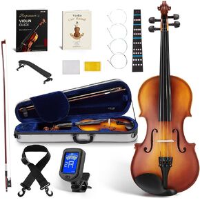 AKLOT Handcrafted Full Size Violin: Solid Wood Matte Fiddle, Acoustic Beginner 4/4 Violin Kit with Hard Case, Lesson Book, Bow, Shoulder Rest, Extra Strings, Tuner, Fretboard Stickers (VRT-AmiCS) in Kuwait