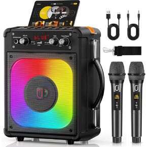 Karaoke Machine, Portable Bluetooth Speaker with 2 Wireless Microphones for Adults & Kids,Karaoke Speaker for Parties and Gatherings, PA System Supports TWS/USB/TF/REC/AUX and TV Connected in Kuwait