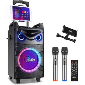 Moukey Karaoke Machine, 10" Woofer Portable PA System, Bluetooth Speaker with 2 Wireless Microphones, Lyrics Display Tablet Holder, Party Lights & Echo/Treble/Bass Adjustment Support REC/AUX/USB/TF in Kuwait