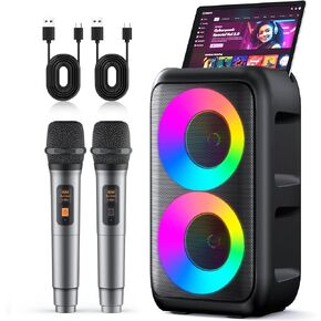 Karaoke Machine for Adults Kids, Portable Bluetooth Speaker with 2 Wireless Microphones, TWS Mode & LED Light, 10H Battery PA System Stage Monitors,Home Party Outdoor Birthday Easter Gifts(Black) in Kuwait