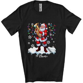 Personalized Custom Name Santa Playing Tuba; Cheerful Christmas Light Musical Instrument Player Unisex T-Shirt Black in Saudi Arabia