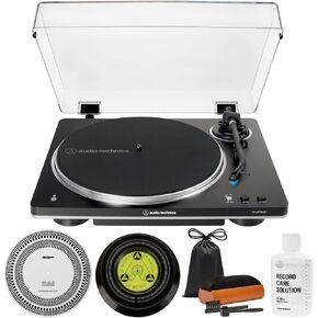 Audio-Technica AT-LP70XBT-BS Fully Automatic Wireless Belt-Drive Turntable, Black/Silver Bundle with Record Care Solution, Deco Gear Cleaning Kit, Stroboscope and Record Stabilizer in Kuwait