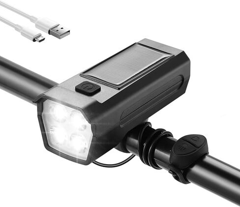 300 Lumens 8 Modes + Solar Energy Rechargeable Bike Lights for Night Riding | USB Rechargeable Front & Rear Bicycle Lights with 120dB Horn for Road | Waterproof LED Bike Headlight for Mountains in Saudi Arabia
