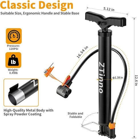 Floor Bike Pump Portable, Classic Bicycle Pump, Portable Bike Tire Pump with Dual Presta & Schrader Valves, Attached Ball Needles, Bike Air Pump for Bike Tires, Balls in Saudi Arabia