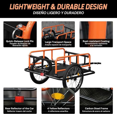 SEKAM Bike Cargo Trailer, 198 lbs Load Capacity, Foldable Bicycle Trailer with Reflectors & Universal Hitch, Heavy-Duty Utility Bike Cart for Camping & Shopping (Orange) in Kuwait