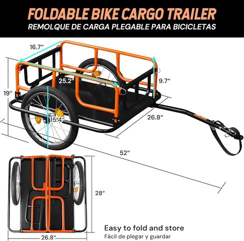 SEKAM Bike Cargo Trailer, 198 lbs Load Capacity, Foldable Bicycle Trailer with Reflectors & Universal Hitch, Heavy-Duty Utility Bike Cart for Camping & Shopping (Orange) in Kuwait