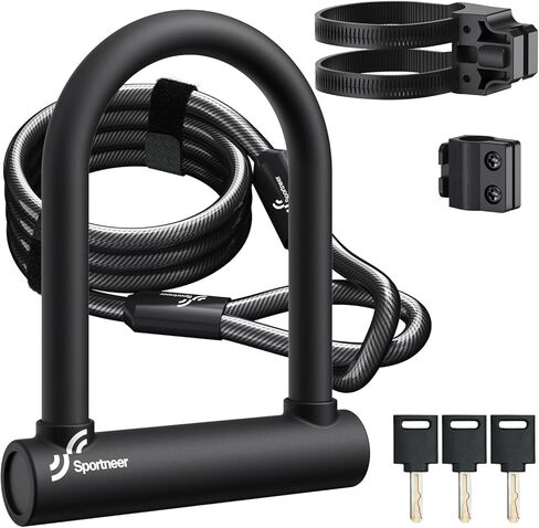 Sportneer Bike U Lock - 18mm Shackle Heavy Duty Bike Lock with 6ft Security Cable - Bicycle U-Locks with Sturdy Mounting Bracket for Road, Mountain, Electric and Folding Bike, Size 9.85''x6.3'' in Saudi Arabia