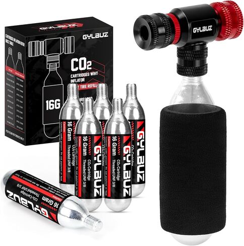 CO2 Inflator with 6x16g CO2 Cartridges - Presta and Schrader Valve Compatible Portable Bike Tire Pump with Insulated Sleeve for Road and Mountain Bicycle in Kuwait