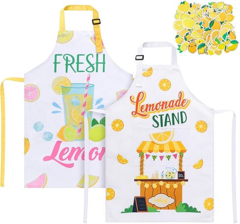 2 Pack Lemon Kids Aprons, Kids Aprons with 50pcs Lemon Stickers, Adjustable Lemonade Apron for Boys and Girls for Painting Cooking Baking, Lemonade Stand Party Supplies in Kuwait