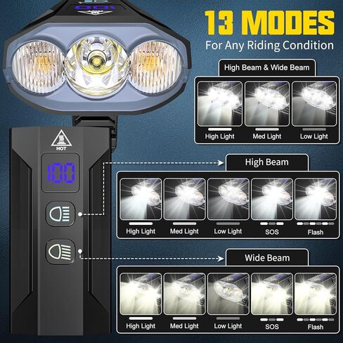 Bike Lights for Night Riding - 8000 Lumens Super Bright Bicycle Headlight Taillight, 5800mAh Rechargeable Bicycle Light with LCD Power Display, Waterproof 13 Modes Mountain Road Bike Light Set in Kuwait