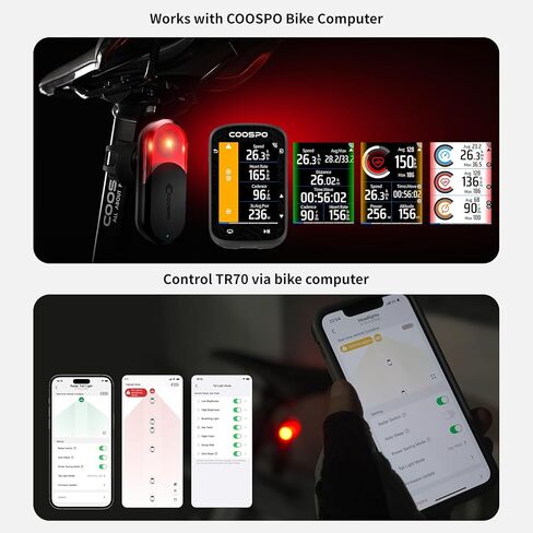 COOSPO TR70 Bike Radar Tail Light, Alerts for Vehicle in 140M, Auto Brake Highlight, 7 Lighting Modes, 40H Long Battery Life, Support APP/Garmin Cycling Computers Display for Road & MTB Cycling Safety in Kuwait