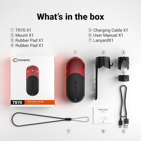 COOSPO TR70 Bike Radar Tail Light, Alerts for Vehicle in 140M, Auto Brake Highlight, 7 Lighting Modes, 40H Long Battery Life, Support APP/Garmin Cycling Computers Display for Road & MTB Cycling Safety in Kuwait
