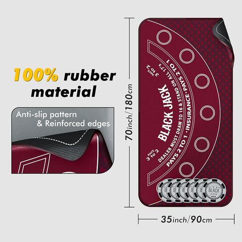 حصيرة لعبة البلاك جاك مقاس 70 بوصة × 35 بوصة، حصيرة سطح طاولة بلاك جاك 21 حصيرة بلاك جاك لطاولة الكازينو، حصيرة البوكر المطاطية مع حقيبة تخزين، 6 قواعد لألعاب الكازينو in Kuwait