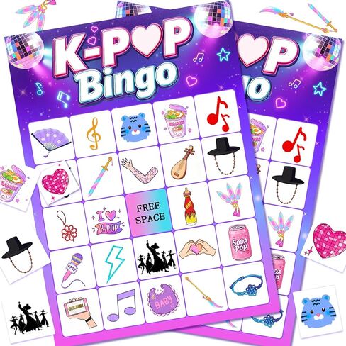 ألعاب البنغو لحفلات أعياد الميلاد من فيلم كوري أيدول، لوازم حفلات بطابع البوب ​​الكوري، بطاقات بينجو تحت عنوان DH 24 لاعبًا من أجل هدايا حفلات فيلم أيدول كوري in Kuwait