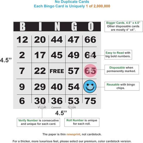 200 Bingo Cards, Large 4.5" x 4.5", Paper Bingo Sheets, Disposable or Reusable for Daubers or Chips in Saudi Arabia