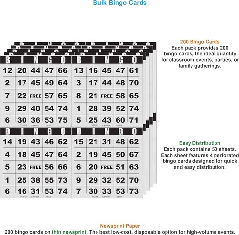 200 Bingo Cards, Large 4.5" x 4.5", Paper Bingo Sheets, Disposable or Reusable for Daubers or Chips in Saudi Arabia