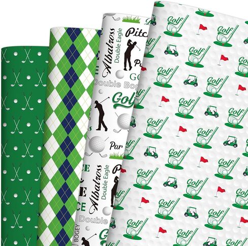 EoBeCy Golf Wrapping Paper for Men Boys, 12 Sheets Folded Gift Wrap with Golf Carts, Flags, Clubs, Green and Blue Argyle Designs, Sports Wrapping Paper for Father’s Day Birthday Retirement, 20"×28" in Saudi Arabia