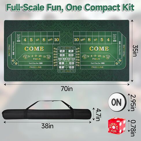 70" x 35" Craps Tabletop Mat Set with 5 Grade AAA 19mm Casino Dice & On/Off Button Crap Game Layout for Home Entertainment Non-Slip Water-Resistant Portable Crap Mat with Zippered Bag (70 X 35 IN) in Saudi Arabia