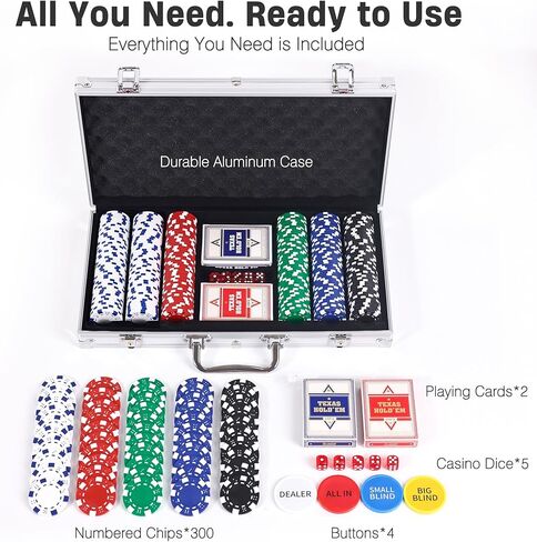 مجموعة رقائق البوكر 300 قطعة لتكساس هولدم، رقائق الطين 11.5 جرام مع حقيبة حمل من الألومنيوم، أوراق اللعب وأزرار الألعاب in Kuwait