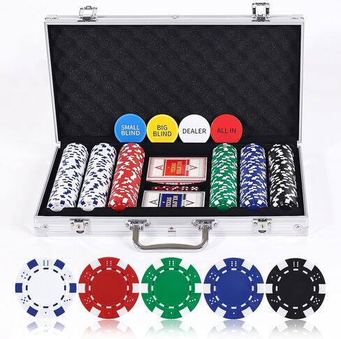 مجموعة رقائق البوكر 300 قطعة لتكساس هولدم، رقائق الطين 11.5 جرام مع حقيبة حمل من الألومنيوم، أوراق اللعب وأزرار الألعاب in Kuwait