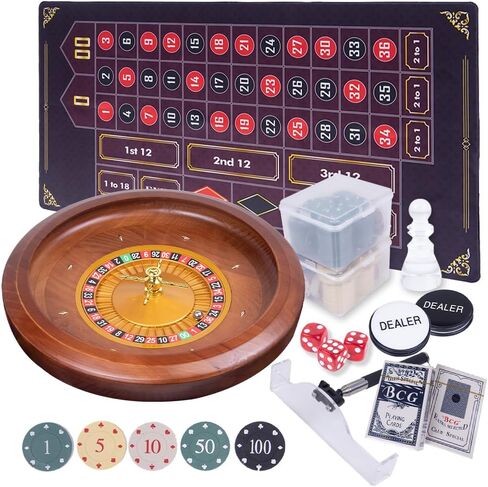 Wooden Roulette Wheel Set,20 Inch Solid Wood Roulette Wheel With Retractable Chip Rake，200 Chips, Roulette Marker, 2 Decks of Cards, 3 Dices,1 Dealer Button Win Marker, 6 Roulette Balls, 1 Storage Bag in Saudi Arabia