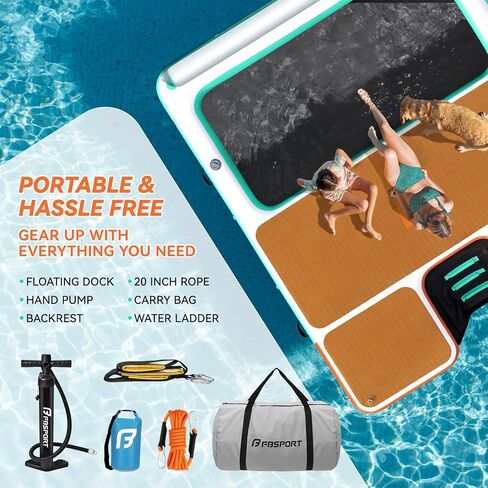 FBSPORT Inflatable Floating Dock 10ft/8ft Dog Boat Ramp in One, Floating Docks Dog Pool Ramp with Water Hammock, Lake Floats for Adults Inflatable Island Platform Water Raft with Ladder in Kuwait