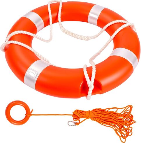 جهاز تعويم قابل للرمي مقاس 23 بوصة - 28 بوصة، عوامة حلقة لحفظ الحياة على طراز خفر السواحل مع حبل عائم بطول 98.4 قدمًا، حلقة حياة آمنة للقوارب وحمام السباحة للبالغين، معدات إنقاذ الحياة البحرية in Kuwait