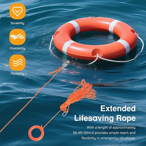 جهاز تعويم قابل للرمي مقاس 23 بوصة - 28 بوصة، عوامة حلقة لحفظ الحياة على طراز خفر السواحل مع حبل عائم بطول 98.4 قدمًا، حلقة حياة آمنة للقوارب وحمام السباحة للبالغين، معدات إنقاذ الحياة البحرية in Kuwait