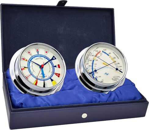 مجموعة Master-Mariner American Voyager، مجموعة هدايا كابينة بحرية، ساعة قطرها 5.75 بوصة لوقت المد والجزر وأدوات قياس الراحة، لمسة نهائية من الكروم، قرص علم بإشارة عاجية in Saudi Arabia