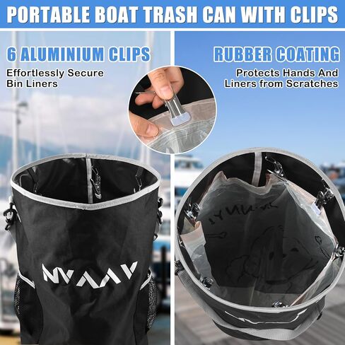Portable Waterproof Boat Trash Can with 6 Clips, 10-13Gal Reusable Leakproof Boat Trash Bag, Pontoon Boat Garbage Accessories with 2 Side Pockets, Marine Trash Container for Kayak, Camper, RV, Fishing in Kuwait