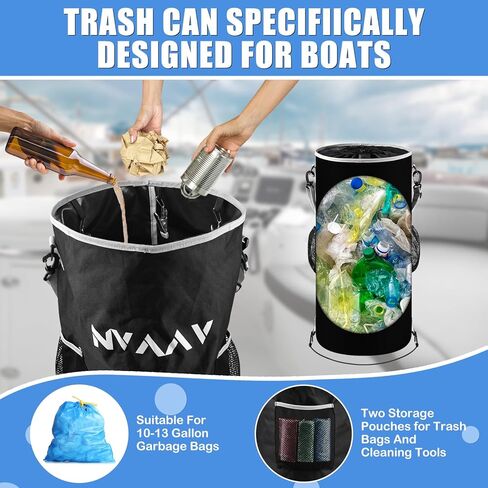 Portable Waterproof Boat Trash Can with 6 Clips, 10-13Gal Reusable Leakproof Boat Trash Bag, Pontoon Boat Garbage Accessories with 2 Side Pockets, Marine Trash Container for Kayak, Camper, RV, Fishing in Kuwait