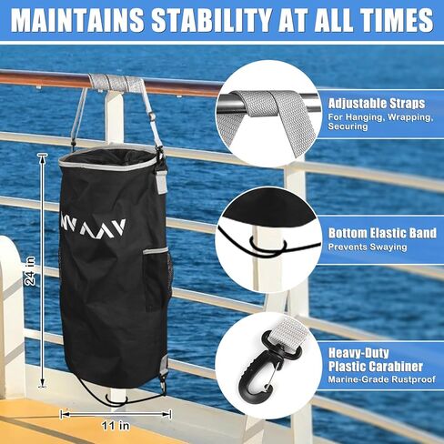 Portable Waterproof Boat Trash Can with 6 Clips, 10-13Gal Reusable Leakproof Boat Trash Bag, Pontoon Boat Garbage Accessories with 2 Side Pockets, Marine Trash Container for Kayak, Camper, RV, Fishing in Kuwait